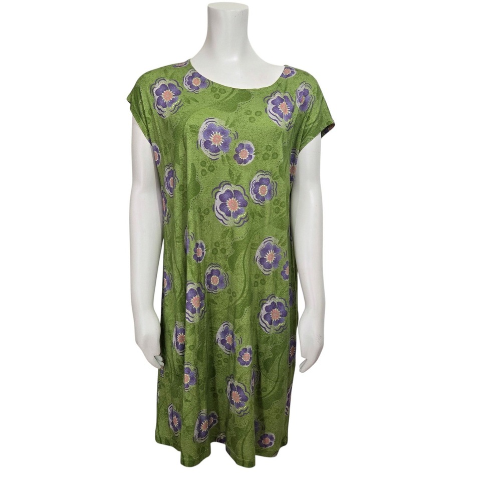 Gudrun Sjoden Shift Dress M Green Purple Floral Organic Cotton Modal Pockets